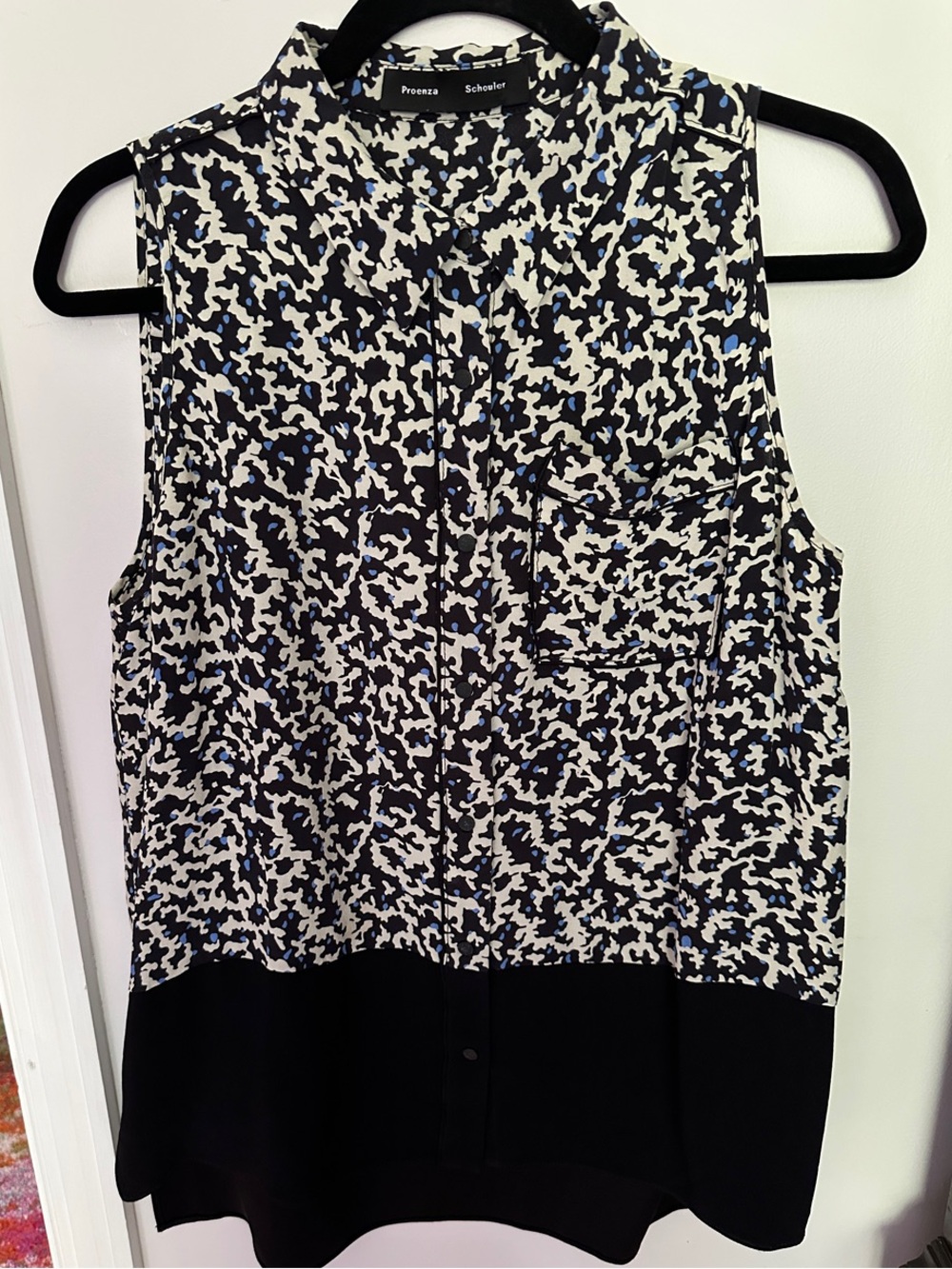 Proenza Schouler Black, White & Blue Sleeveless Print Top